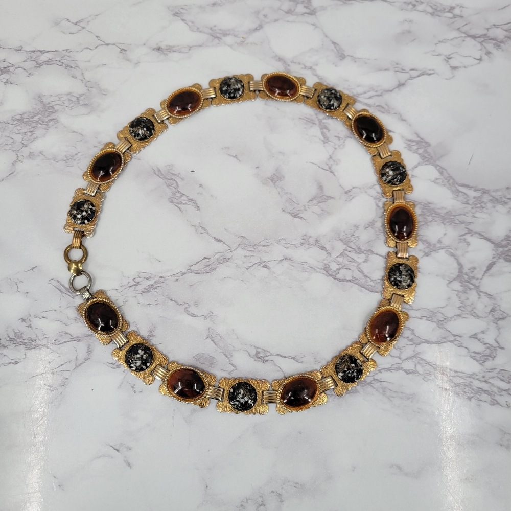 Vintage Gold-Tone Brown Faux Cabochon & Black Speckled Stone Metal Link Belt